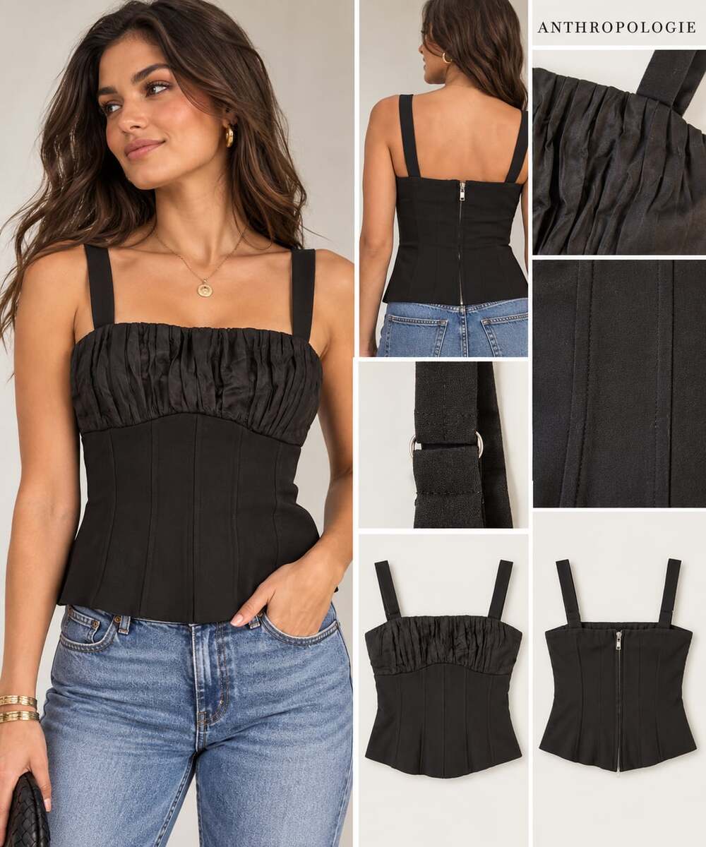 Anthropologie Black Ruched Satin Bustier Corset Tank Top